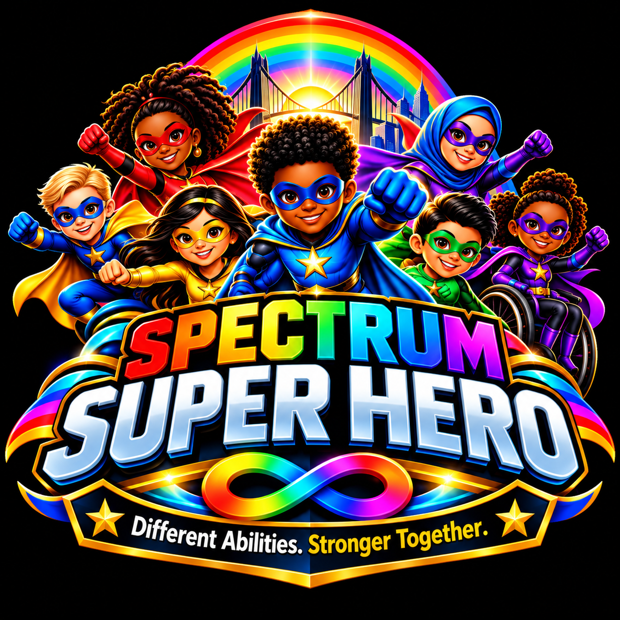 Spectrum Super Hero logo featuring diverse superhero kids